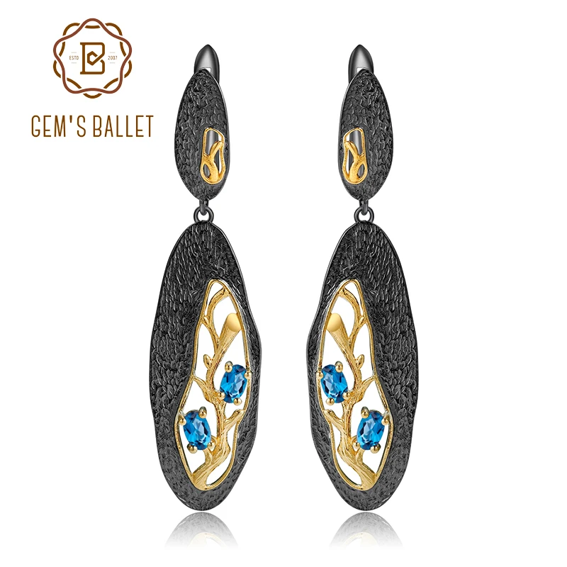 GEM'S BALLET 925 Sterling Silver Natural London Blue Topaz Handmade Petal Floral Drop Earrings for Women Fine Jewelry | Украшения и