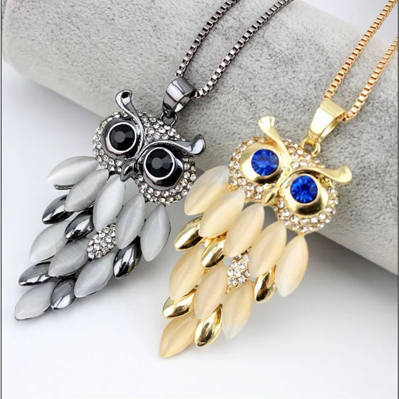 

Vintage Charming Bordered Alloy Opal Owl Pendant Necklace For Women choker Lady Girls Owl Pendant Long Chain Sweater Necklace