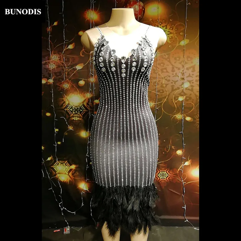 ZD407 Women Sexy Black Feather Skirt Silver Sparkling Crystals Nightclub Party Stage Wear Dancer Singer Bling Costumes