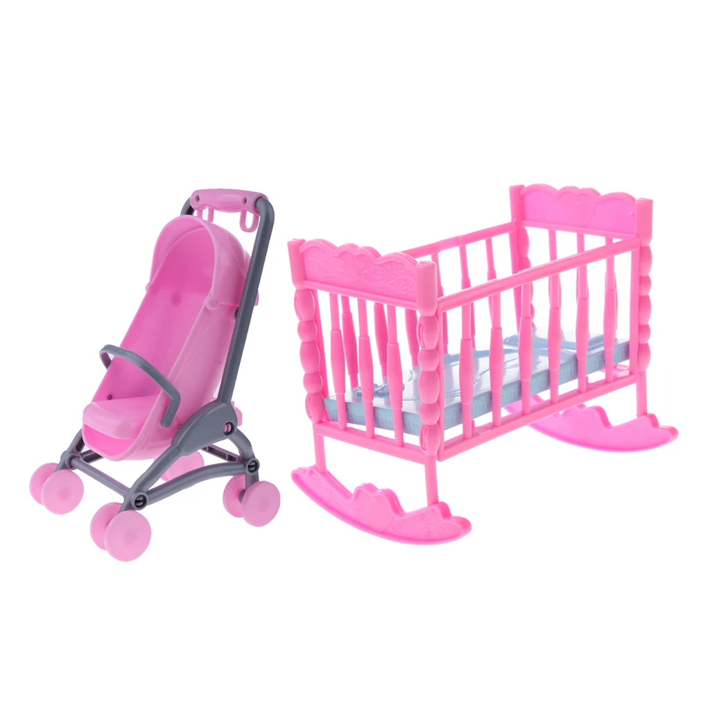 

1/6 Pink Baby Cradle Bed + Stroller Model Dollhouse Miniature Furniture for Blythe Dolls Accessory Kids Playset