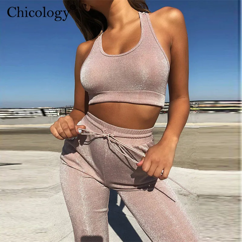 Chicology/Розовый Блестящий укороченный топ на бретелях длинные штаны комплект из 2