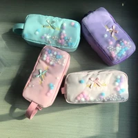 cute flowing small bubble balls pencil bag kawaii stationery pen case for school girl bow knot pencil case candy color pens hold