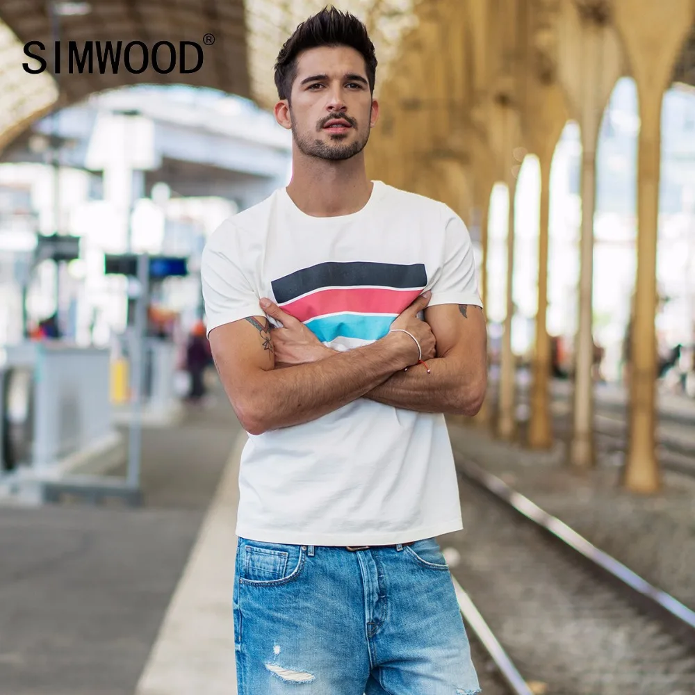 SIMWOOD 2019 летняя футболка Для мужчин Slim Fit 100% натуральный хлопок Винтаж печати топы