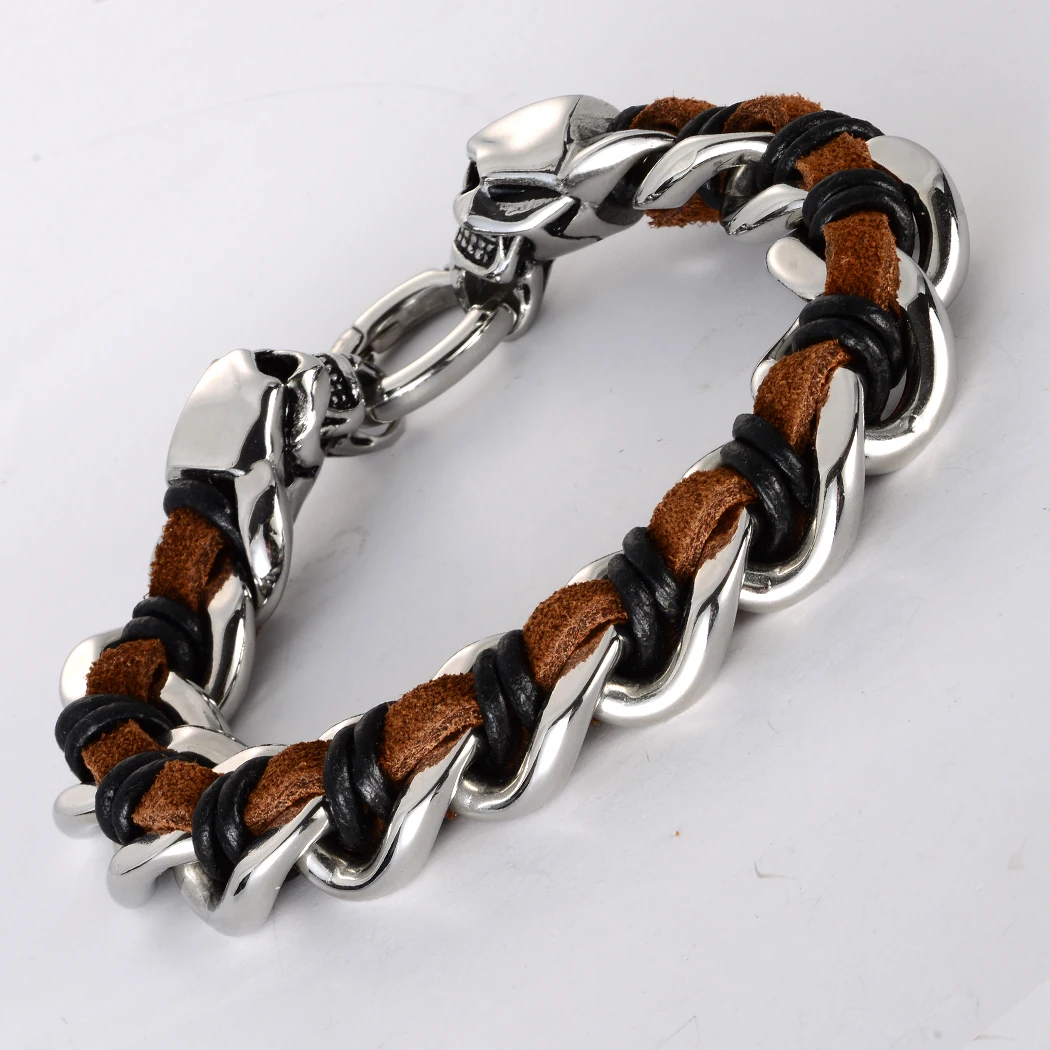 Мужской кожаный браслет с черепом из нержавеющей стали 316L biker heavy jewelry подарки