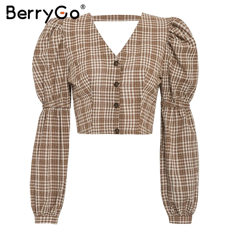 Хаки BerryGo Vintage plaid women blouse shirt Sexy backless lace up female top shirt Autumn puff sleeve oversize ladies blouses retro - Цвет: Хаки
