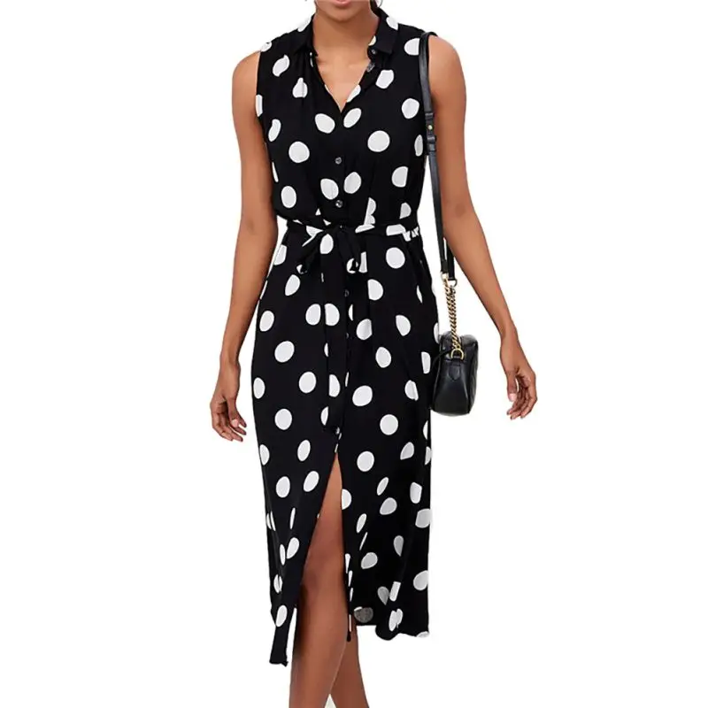 Женское шифоновое макси платье в горошек с v образным вырезом без рукавов поясом