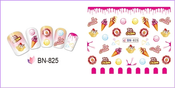 12 упак./лот переводка NAIL ART наклейки на ногти, полное покрытие, стильная футболка с изображением персонажей видеоигр Торт Мороженое коктейль в виде мороженого и BN817-828