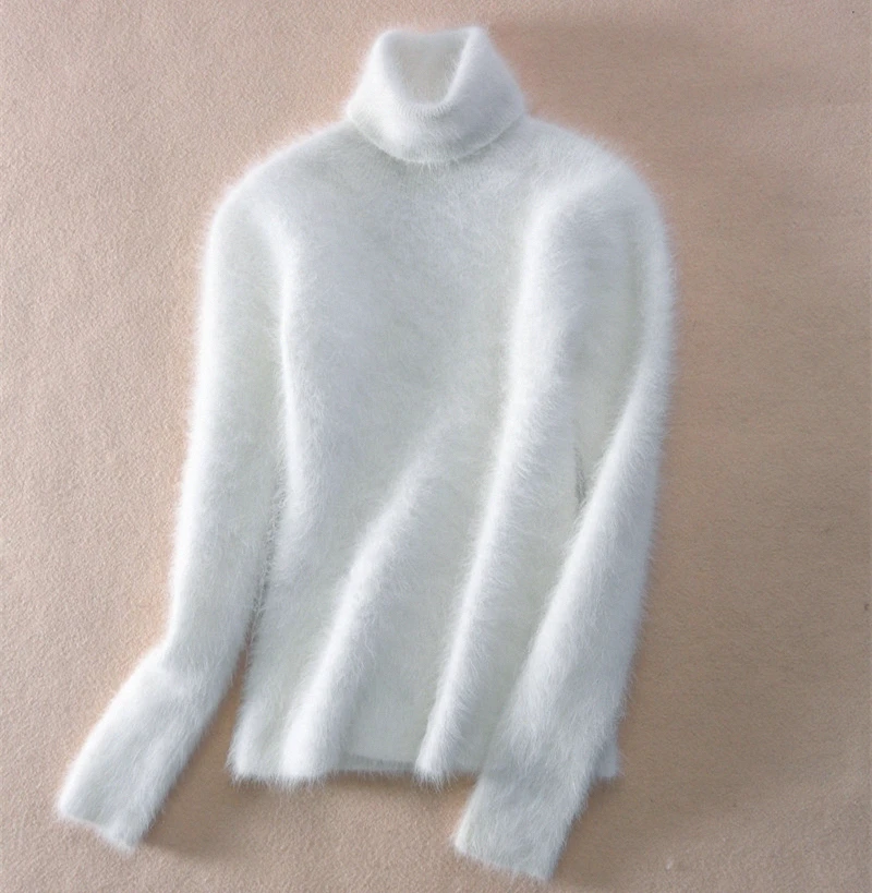 White Faux Mink Cashmere Long Sleeve Turtleneck Sweater Women 2020 Autumn Winter Basic Warm jumper Pullover Pull Femme Hiver | Женская