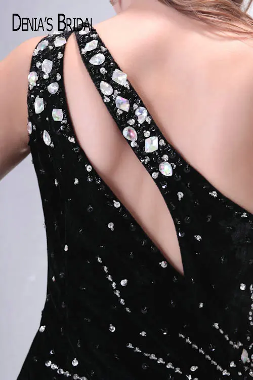 Real Photos Black One Shoulder Keyhole A-Line Evening Dresses Beaded Sweep Train Floor-Length Long Prom Gowns | Свадьбы и торжества