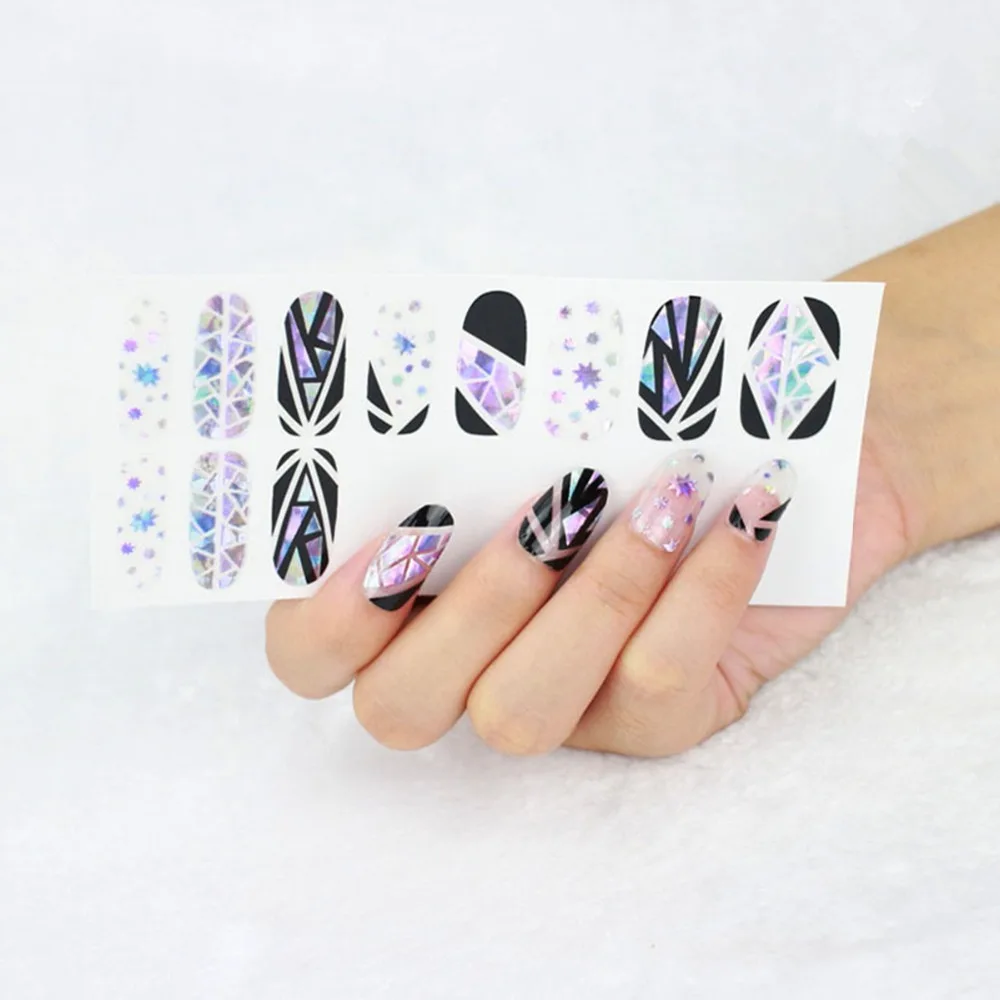 Красота наклейки для ногтей Лазерный черный стиль разбитое стекло клей полное