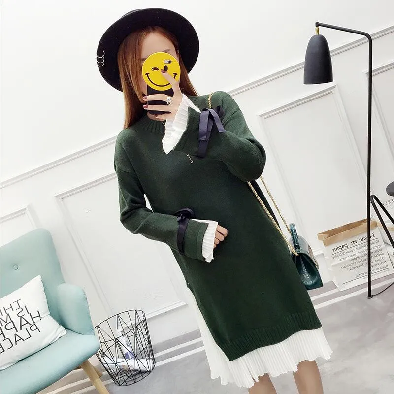 Осеннее женское трикотажное платье свитер шифоновое до колена корейские