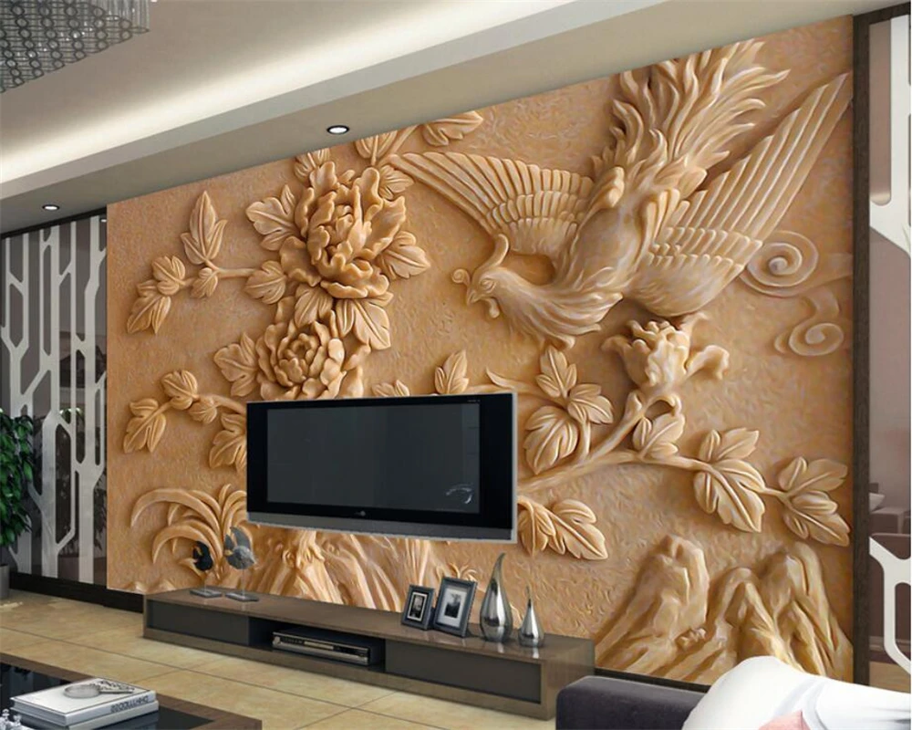 

Beibehang 3D Wallpaper Stereo Relief Phoenix Peony Mural Living Room Bedroom TV Background murals photo wallpaper for walls 3 d