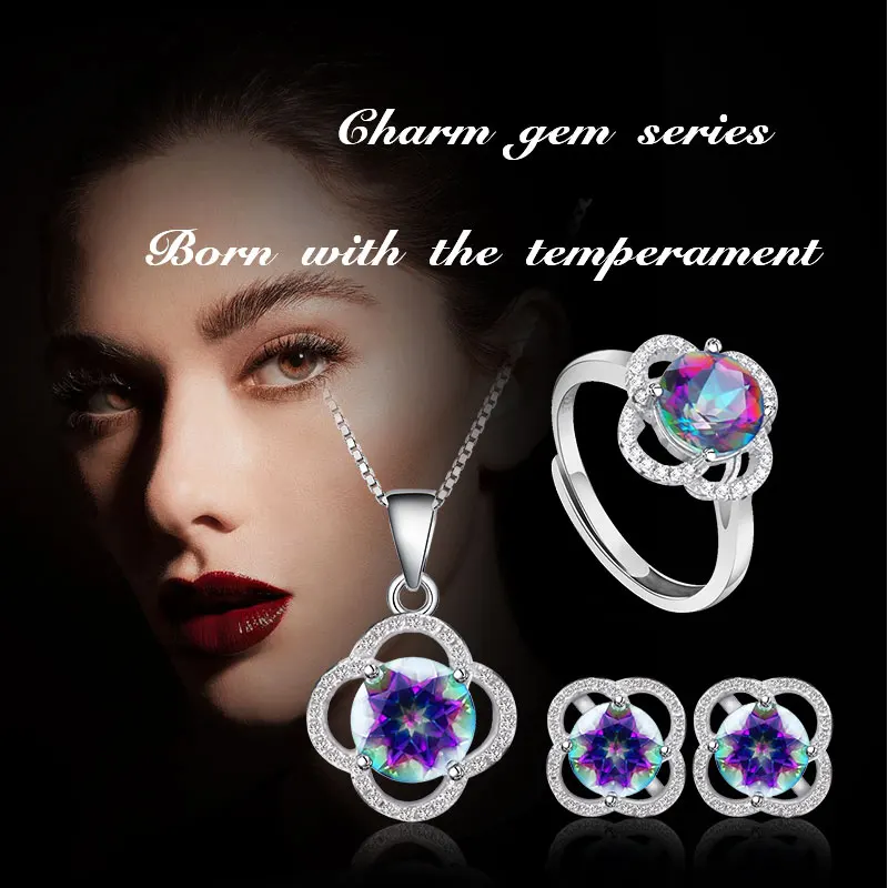 NYMPH Genuine Gem Stone Crystal Topaz Necklace Pendant Rings Earrings Set 925 Sterling Silver Jewelry Gift For Women Rose T238 | Украшения