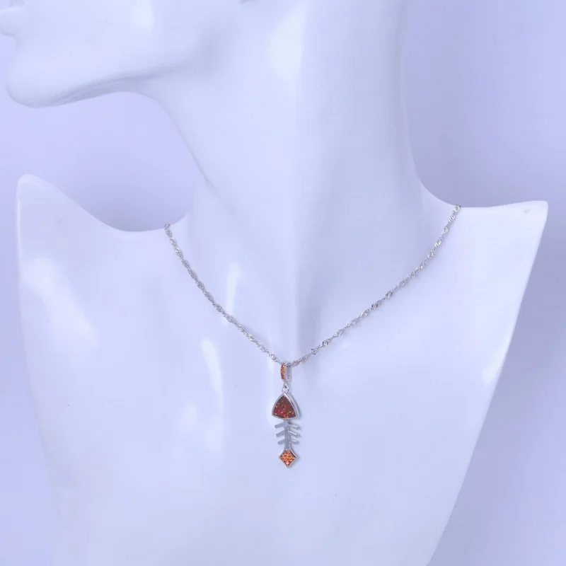 Rolilason новых рыбных костей Шарм Подвеска Оранжевый Кристалл опал серебряный кулон