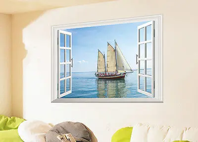 Модные 3D наклейки на стену с изображением морской лодки и окна виниловые съемные
