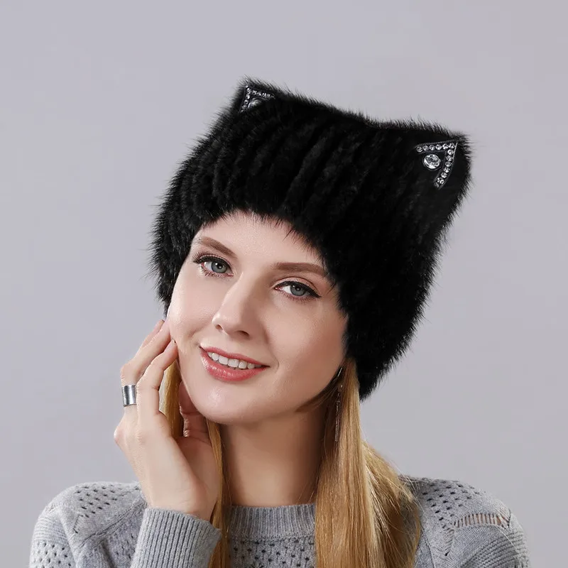 Winter Mink fur Cute cat ears Square cap With Sequins Warm Winter For Women Real Natural Mink Fur Vertical Weaving Winter Hat