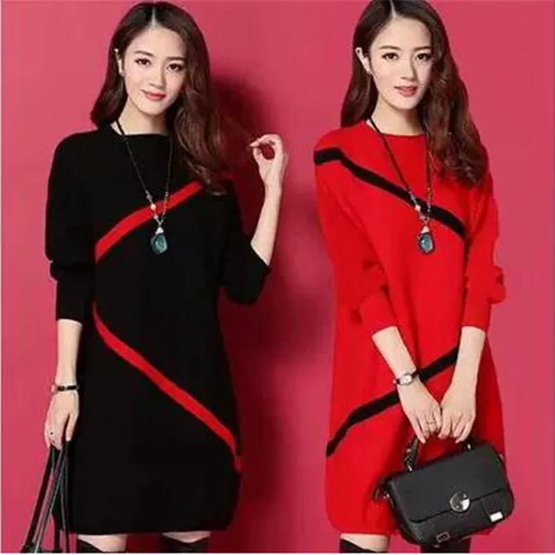 Утолщенное зимнее платье с длинными рукавами и круглым воротником для похудения