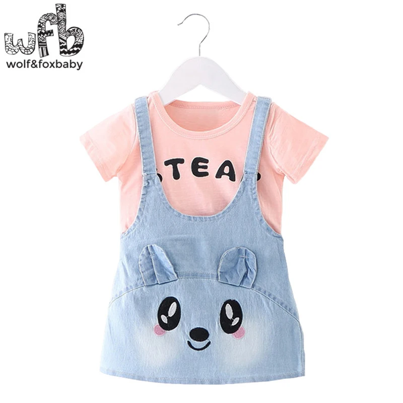 

Retail 0-3 years short-sleeve girl dress of children summer round neck Embroidery bear