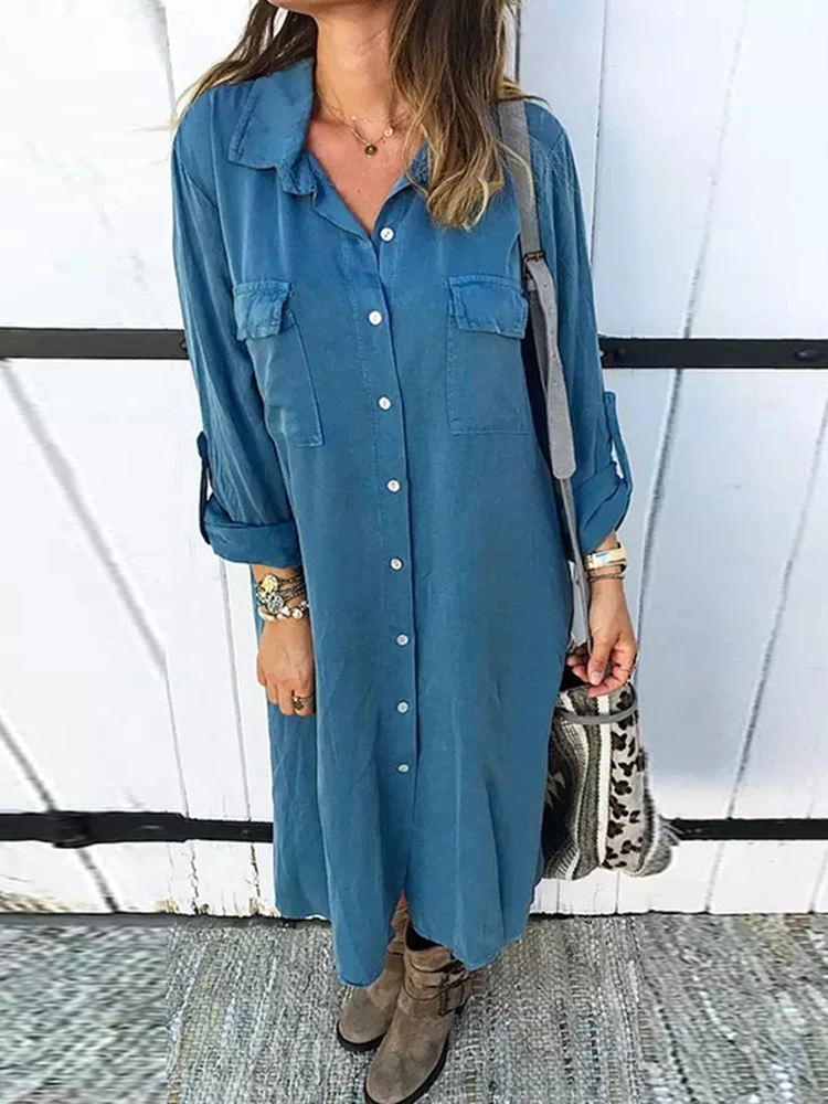 Женское Повседневное платье-рубашка однотонное Свободное длинное платье с