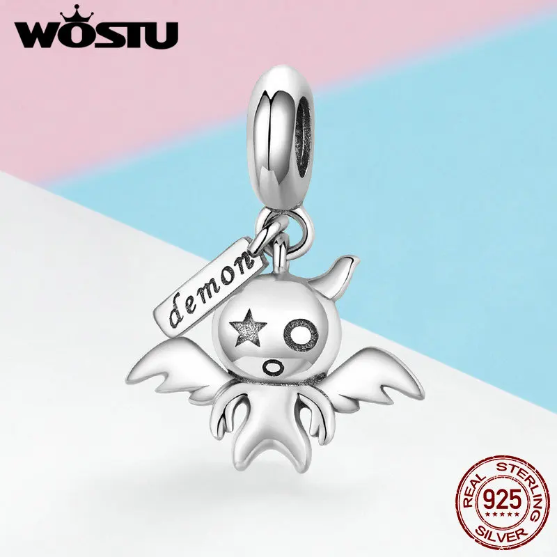 WOSTU, настоящее 925 пробы, серебряный, маленький дьявол, демон, Висячие Подвески, подходит для браслета и ожерелья, подвеска, уникальные, милые ювелирные изделия CQC975