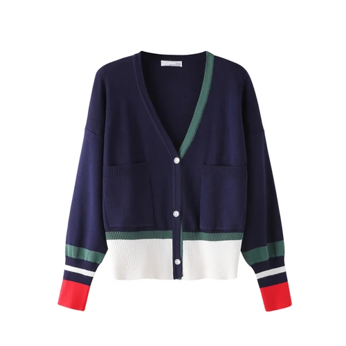 Dark Blue Корейский Свободный кардиган с длинными рукавами, свитер, повседневный вязаный кардиган с v-образным вырезом смешанного цвета - Цвет: Dark Blue