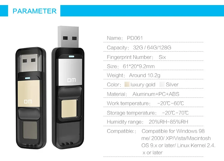 DM PD061 USB флеш-накопитель с 32 Гб, зашифрованный отпечаток пальца, Usb флешка 2,0, флеш-накопитель, безопасность, флешка, диск памяти