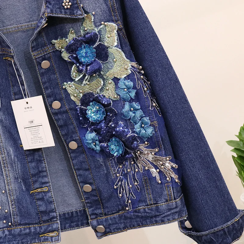 Новинка весны 2019 женская джинсовая куртка Модная Джинсовая с бусинами и цветами