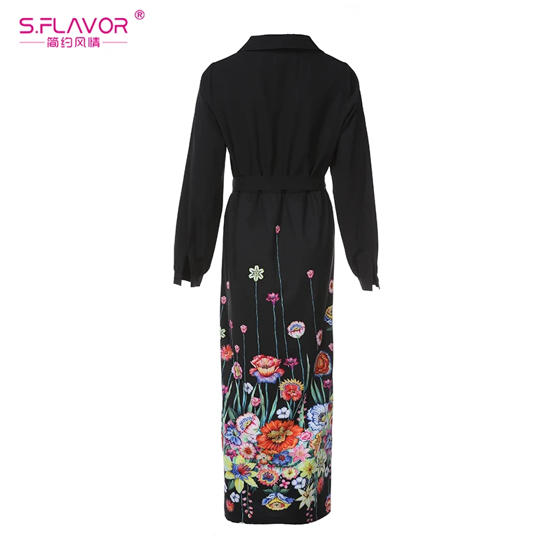 S.FLAVOR Women Autumn winter dress hot sale turn down collor long sleeve Elegant shirt style printing vestidos | Женская одежда