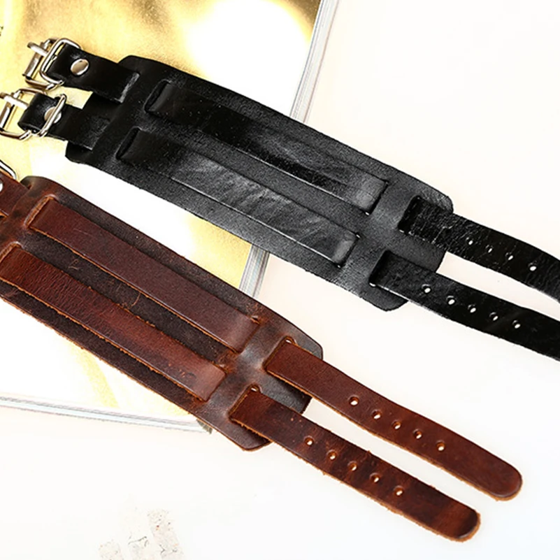 P01425Handmade Boho Gypsy Hippie Punk Brown Black Genuine Real Cow Leather Alloy Clasp Unisex 5Size Adjustable Wide Big Bracelet | Украшения