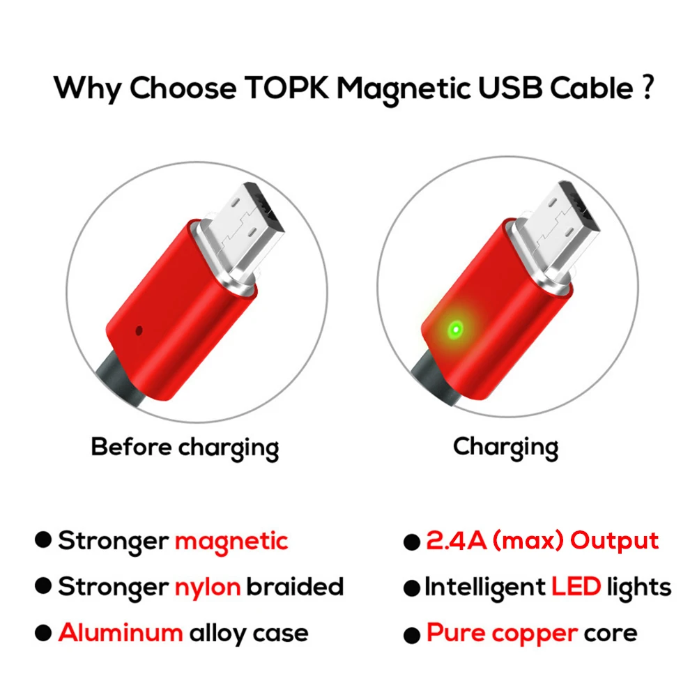 Магнитный кабель TOPK Micro USB Type C магнитный для зарядки и передачи данных кабели