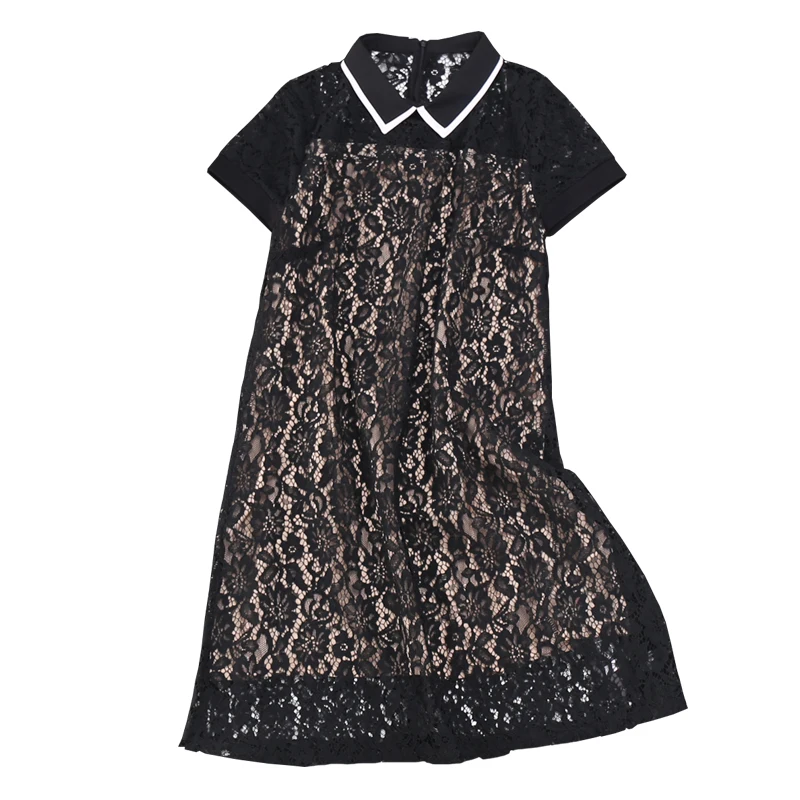 Женское кружевное Платье До Колена а силуэта с коротким рукавом и воротником