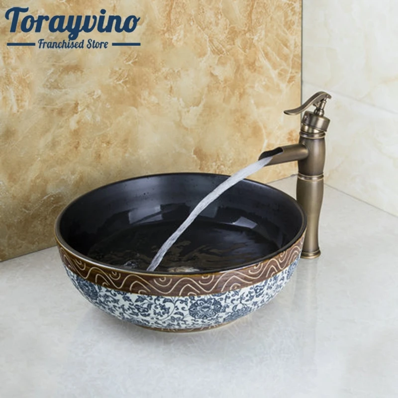 

Torayvino Bathroom Sink Washbasin Combine Set Mixer Faucet Sets Ceramic +Antique Brass Tall Waterfall Faucet Lavatory Bathroom