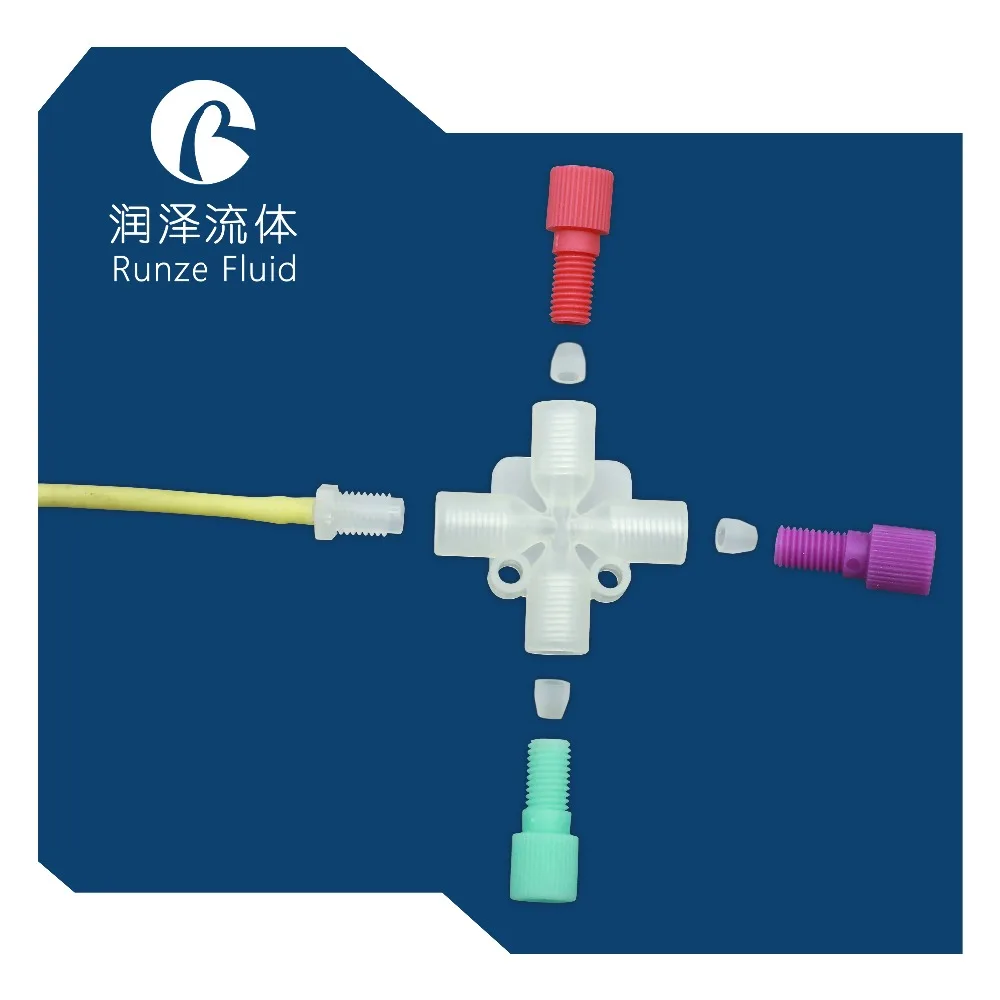 PP PTFE женский 1/4-28UNF 4-полосный перекрестный соединитель трубопровода Chemicasl