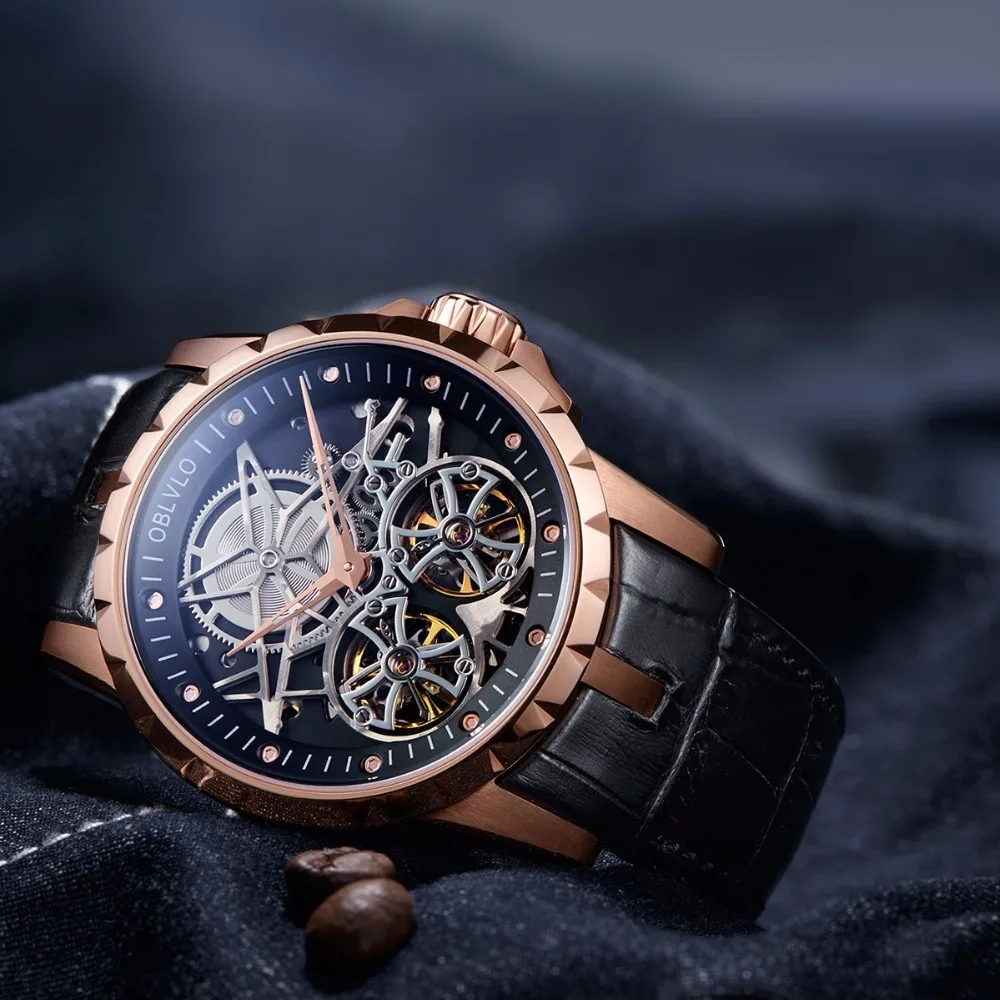 Новое поступление OBLVLO роскошные розовые золотые прозрачные часы Tourbillon автоматические военные часы для мужчин Relogio Masculino OBL3606