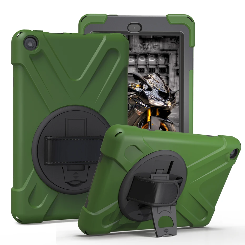 Вращающийся на 360 градусов чехол-подставка для Amazon Kindle Fire HD 8 HD8 с ремешком на руку противоударный мягкий силиконовый защитный чехол - Цвет: HD82017 Army Green