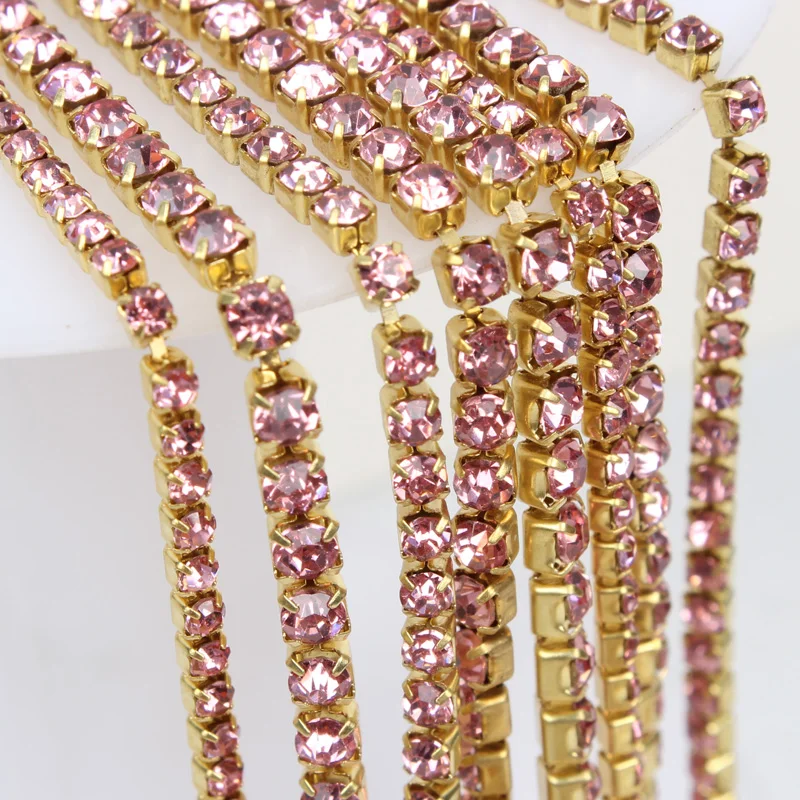 Цепь из блестящих страз 4 ярда/партия Lt Rose SS6/SS8/SS10/SS12 плотная Золотая основа чашка
