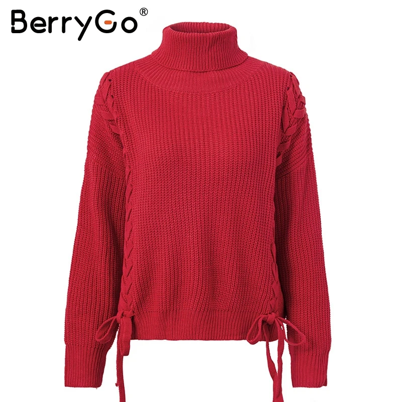 BerryGo водолазка с боковой шнуровкой вязаный свитер женский повседневный