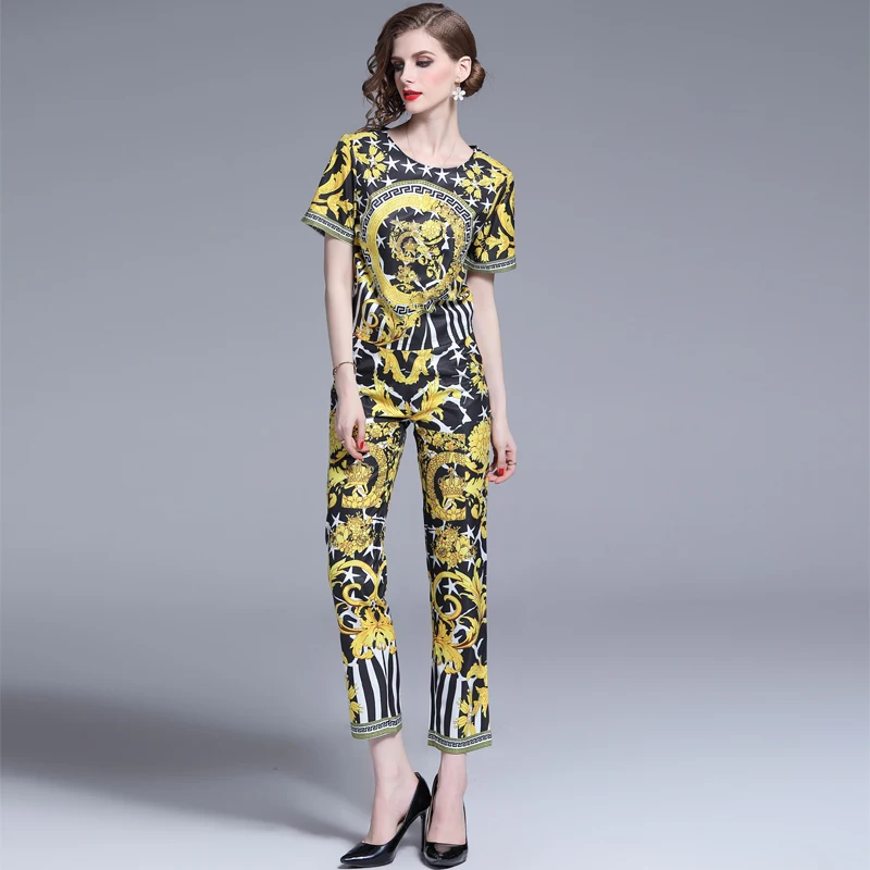 BLLOCUE Runway дизайнерский комплект из 2 предметов, костюм, летний женский винтажный пуловер с принтом, рубашки, топ+ брюки-карандаш длиной до щиколотки, комплекты