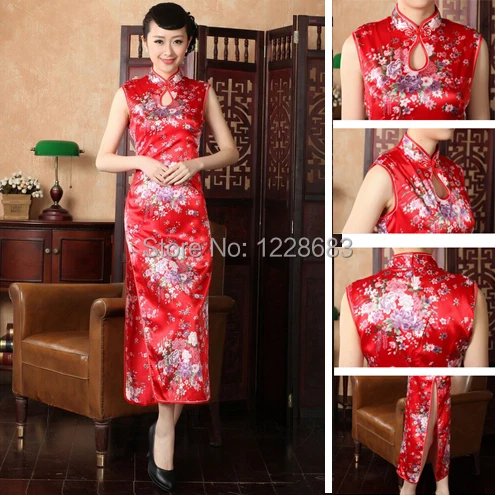 Пикантное традиционное китайское свадебное платье Красное длинное Ципао |
