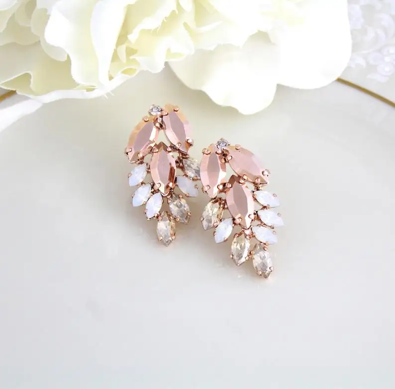 Rose Gold Earrings Bridal Jewelry Crystal Cluster Blush Stud | Украшения и аксессуары