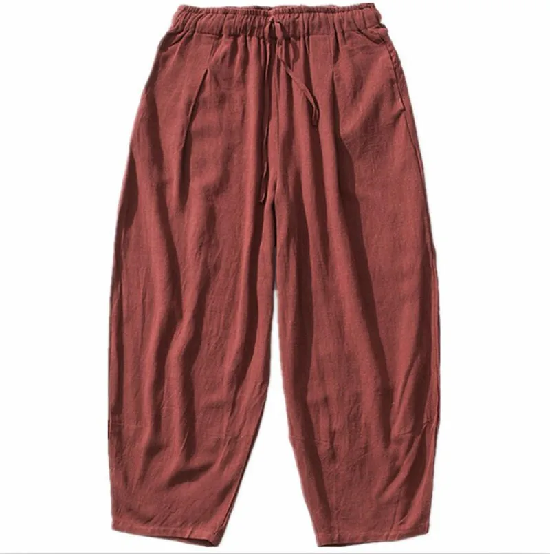 jujube red Большие размеры 6XL 7XL мужские широкие брюки хлопковые льняные свободные шаровары летние чистые брюки мужские свободные штаны на шнурке - Цвет: jujube red