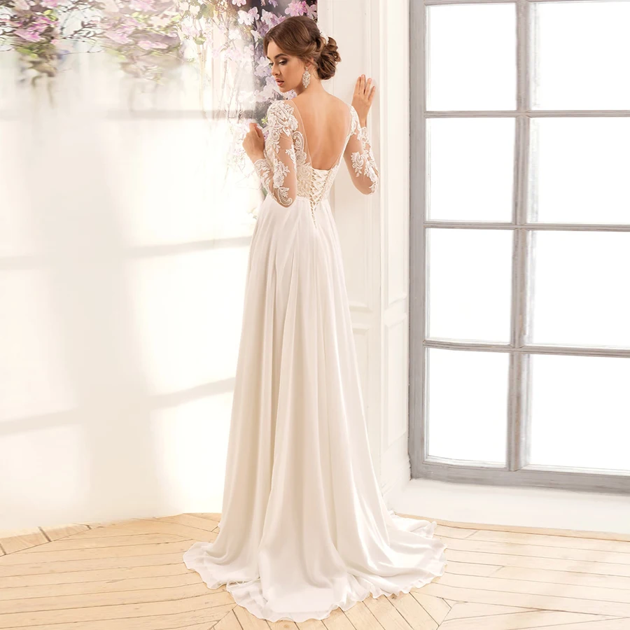 Cheap Long Sleeves Wedding Dresses Vestido De Noiva Scoop Neck Lace Chiffon Beach Wedding Gown Plus Size Robe De Mariage