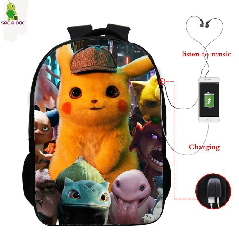 School Backpacks Pokemon Detective Pikachu USB Рюкзак 16 дюймов школьные рюкзаки для подростков мальчиков и девочек рюкзак Пикачу рюкзак для ноутбука - Цвет: School Backpacks