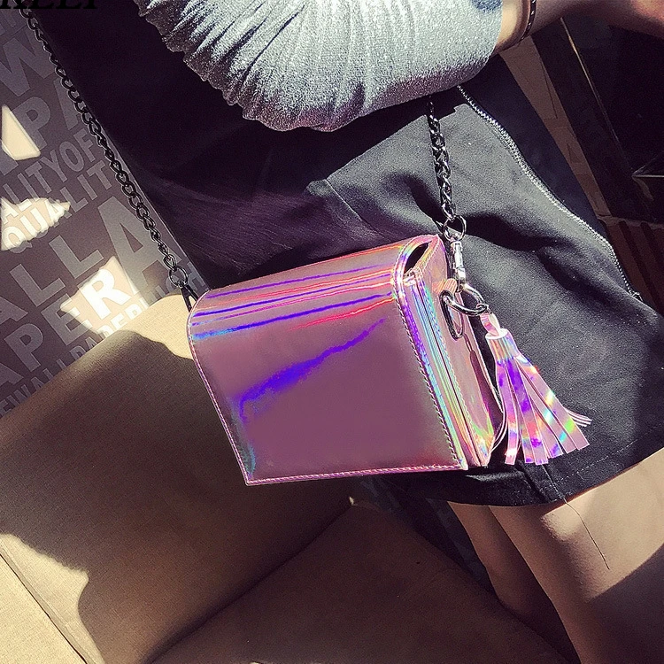 

Hologram Laser Chain Shoulder Bag Tassels Messenger Bag Women Handbag Fashion Candy Color Crossbody Bags