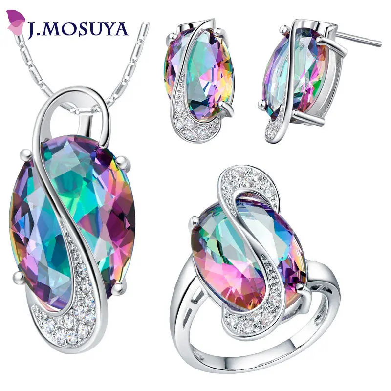 Women Gift word Love real bridal Jewelry sets White Plated Sets Rainbow Mystic gem ring Earring pendent earrings | Украшения и