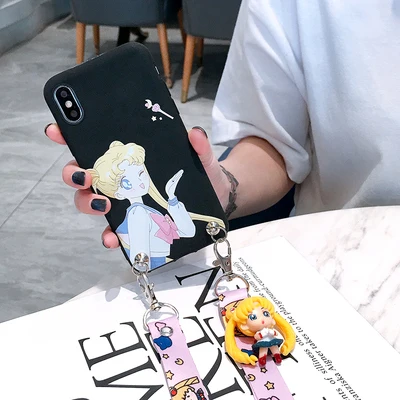 As shown in Для iPhone XR милый 3D Сейлор Мун чехол для телефона для iPhone X XS Max 4S 5S SE 6S 6plus 7plus 8 plus мультяшная задняя крышка+ ремешок+ игрушка - Цвет: As shown in