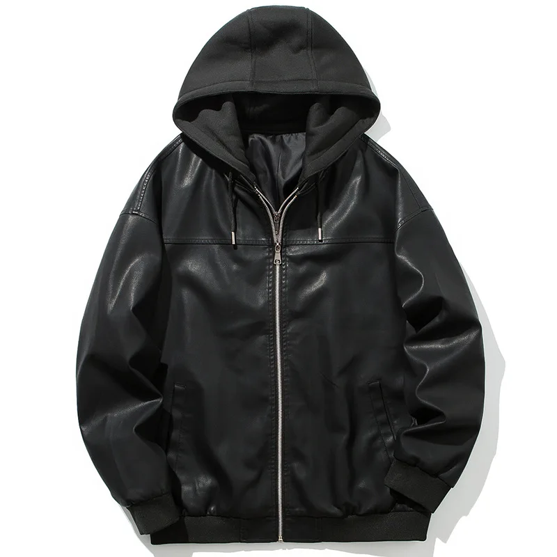 

New winter hooded fur tide male youth locomotive men's coat loose hooded men leather jacket