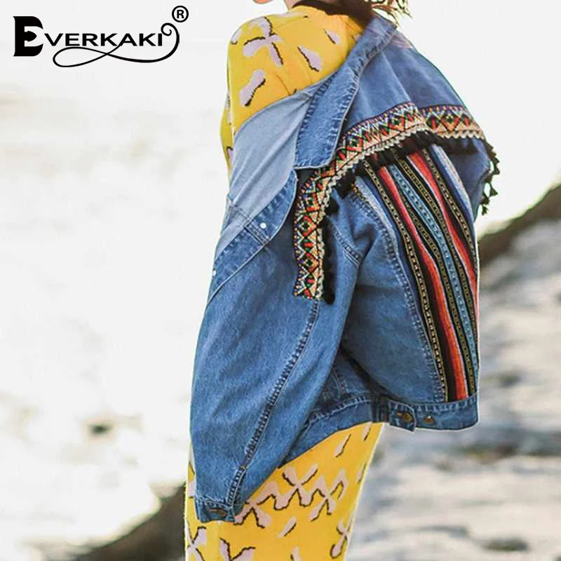 Everkaki Boho джинсовые куртки с вышивкой и кисточками женские пальто карманами