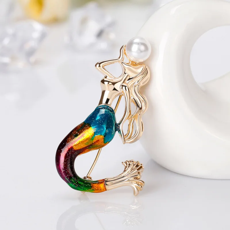 Cute Personality Painted Enamel Mermaid Imitation Pearl Brooch Pin for Women Men Fashion Corsage Jewelry Accessories Gift | Украшения и
