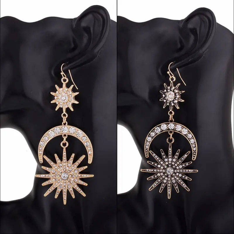 Большие роскошные серьги со звездами Солнца и Луны женские в стиле панк стразами